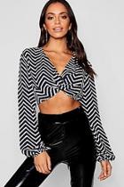 Boohoo Twist Front Chevron Long Sleeve Woven Crop Top