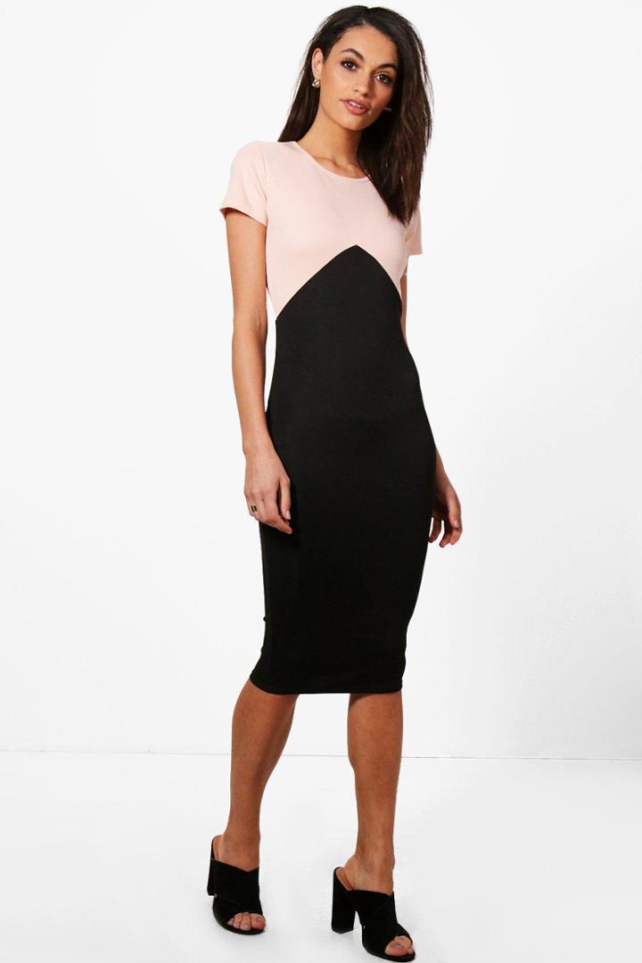 Boohoo Jasmine Colour Block Midi Dress Nude