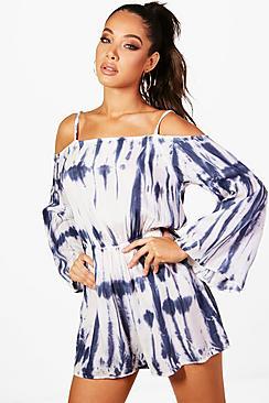 Boohoo Celia Tie Dye Cold Shoulder Beach Playsuit
