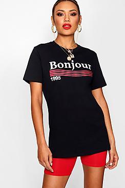 Boohoo Bonjour 1995 Slogan Oversized Tee