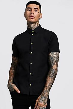 Boohoo Slim Fit Short Sleeve Shirt With Neon Yellow Buttons