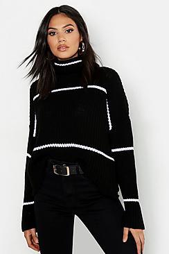 Boohoo Tall Roll Neck Stripe Crop Sweater