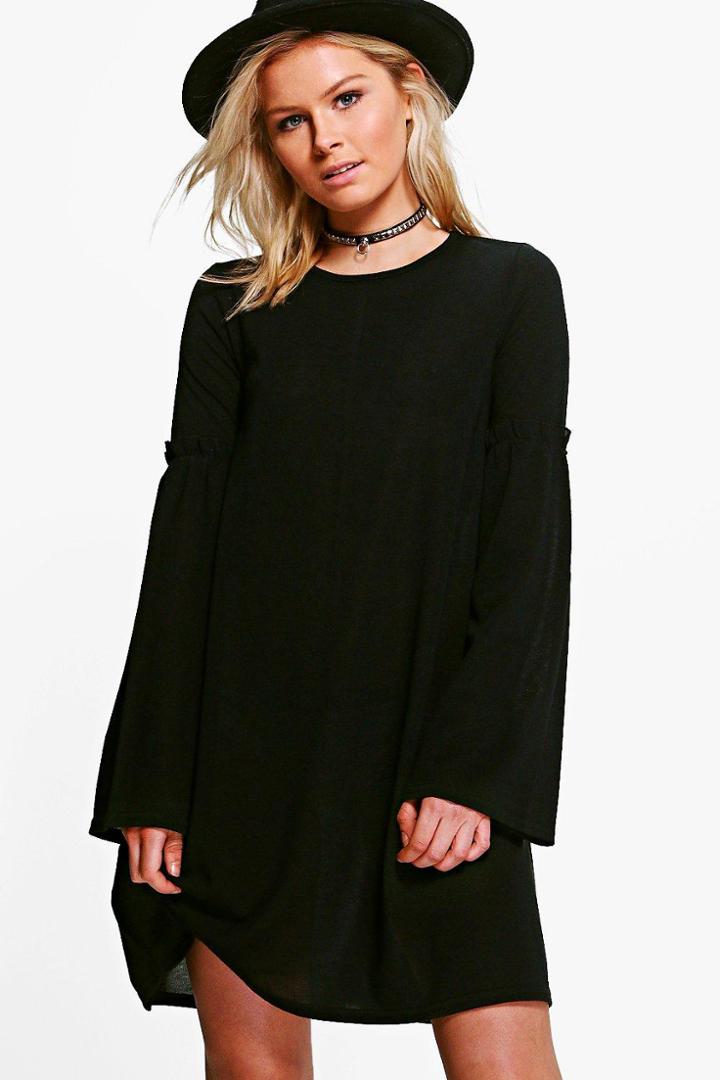 Boohoo Olivia Ruffle Flare Sleeve Swing Dress Black
