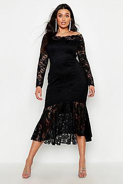 Boohoo Plus Lace Bardot Ruffle Hem Midi Dress