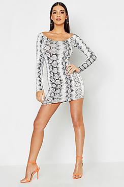 Boohoo Snake Print Low Scoop Neckline Bodycon Dress