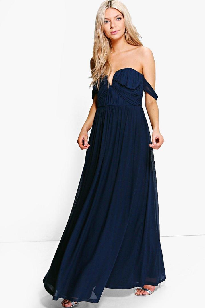 Boohoo Boutique Amie Mesh Off Shoulder Maxi Dress Navy