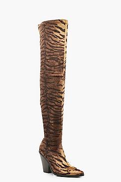 Boohoo Tiger Print Knee High Cowboy Boots