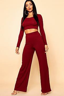 Boohoo Jumbo Rib High Waist Wide Leg Trousers