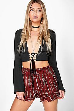 Boohoo Ruth Aztec Print Ruffle Hem Shorts