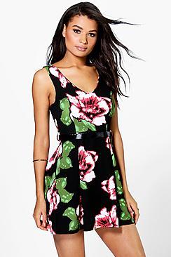 Boohoo Polly Floral Skater Dress With Ribbon Belt