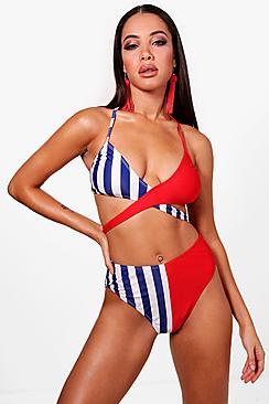 Boohoo Bodrum Pinstripe Contrast High Waisted Bikini