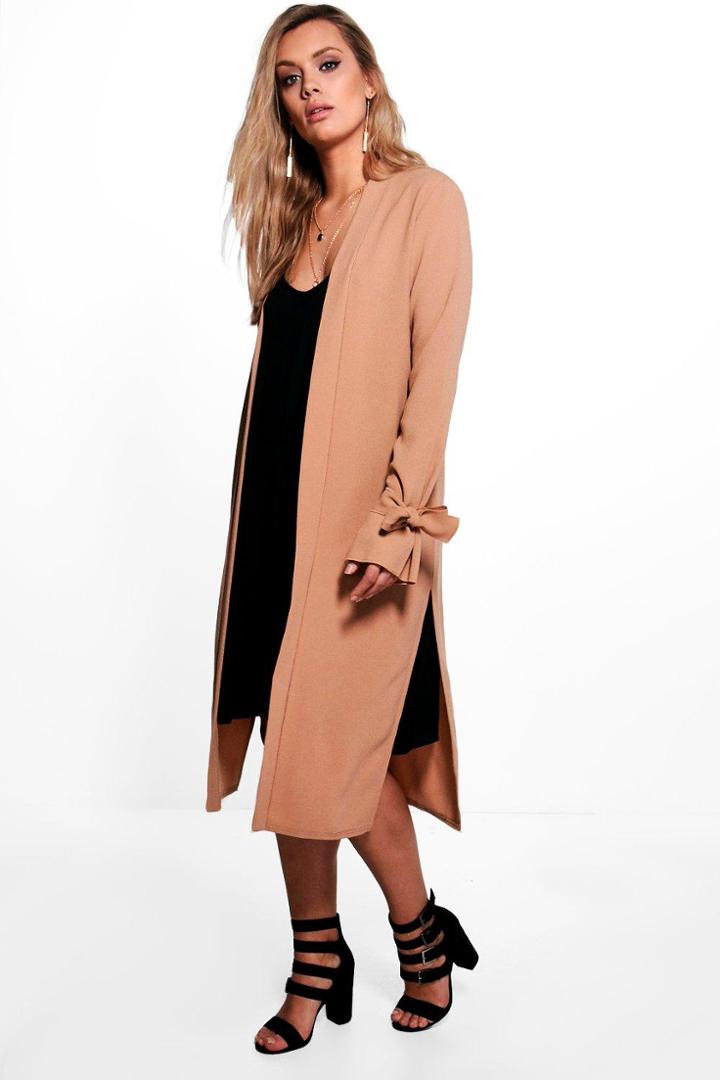 Boohoo Plus Natalie Tie Sleeve Duster Jacket Camel
