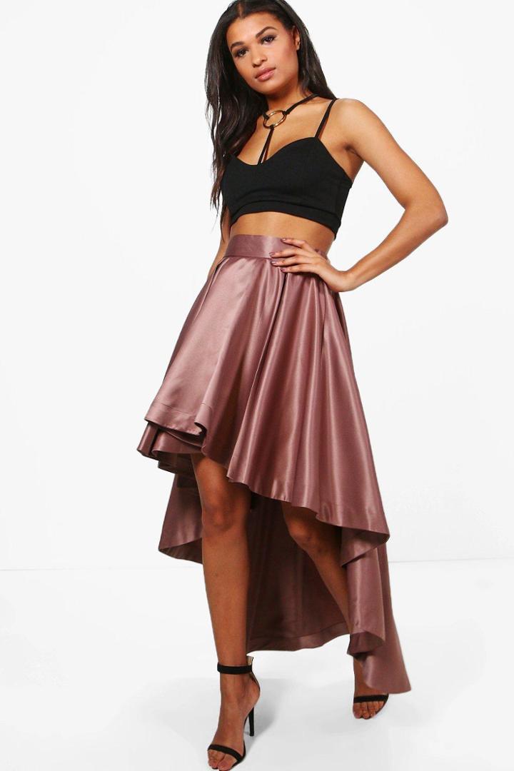 Boohoo Annia Satin Dipped Hem Full Maxi Skirt Taupe