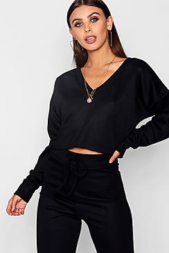 Boohoo Petite Bella Tonal V Neck Raw Hem Sweat