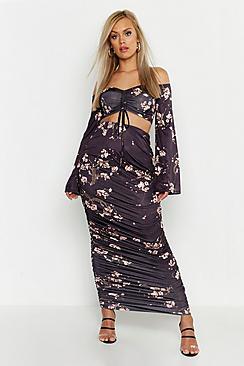 Boohoo Plus Slinky Cherry Blossom Ruched Midaxi Skirt