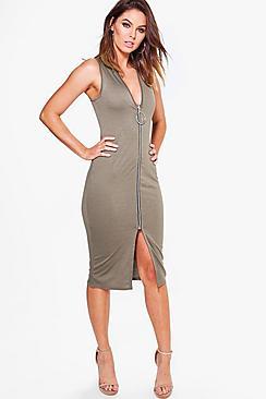Boohoo Abigail Zip Through Sleeveless Midi Bodycon Dress