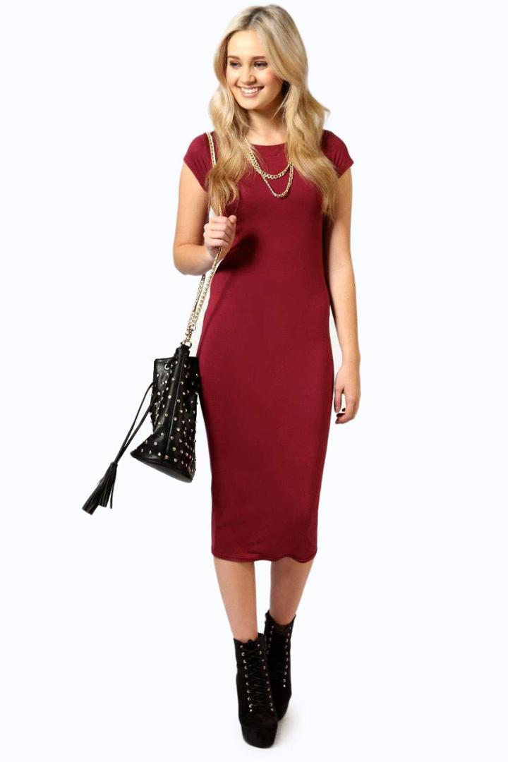 Boohoo Cara Cap Sleeve Jersey Bodycon Midi Dress Berry