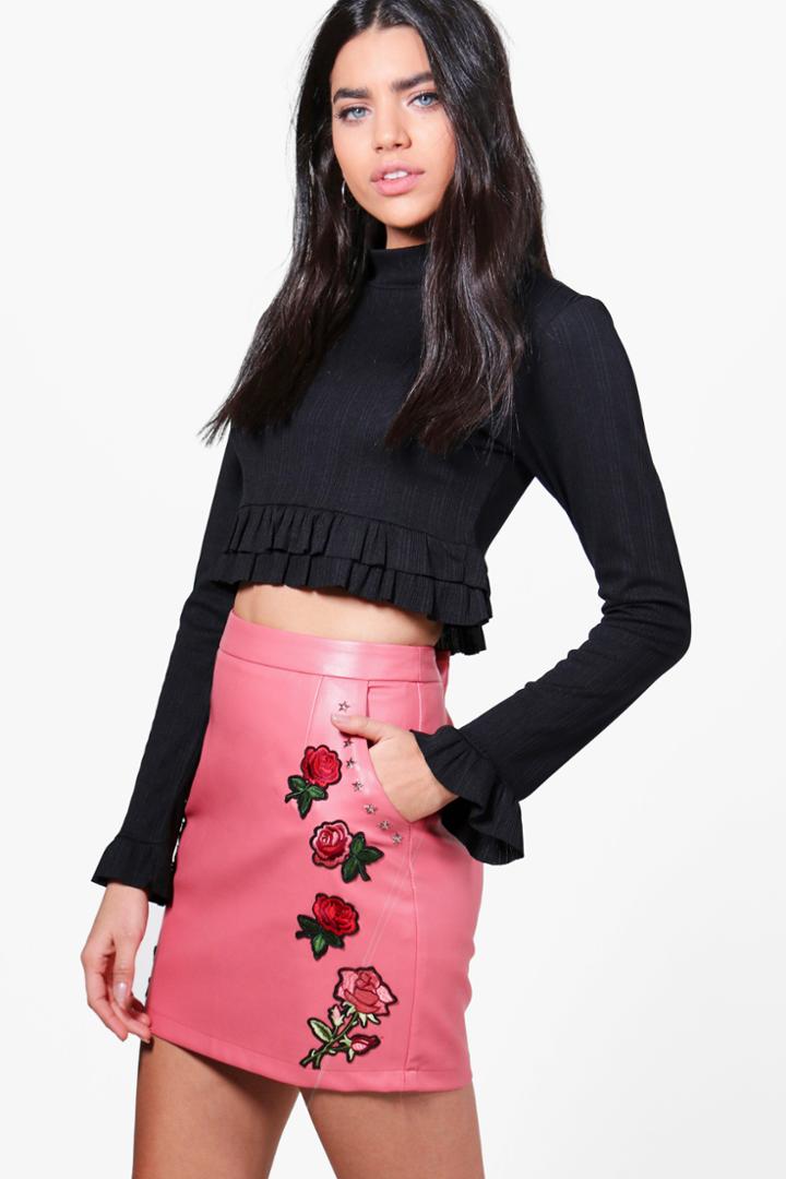 Boohoo Tayah Embroidered Stud Font Leather Look Mini Skirt Rose