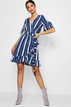 Boohoo Izzy Striped Ruffle Detail Wrapped Tea Dress