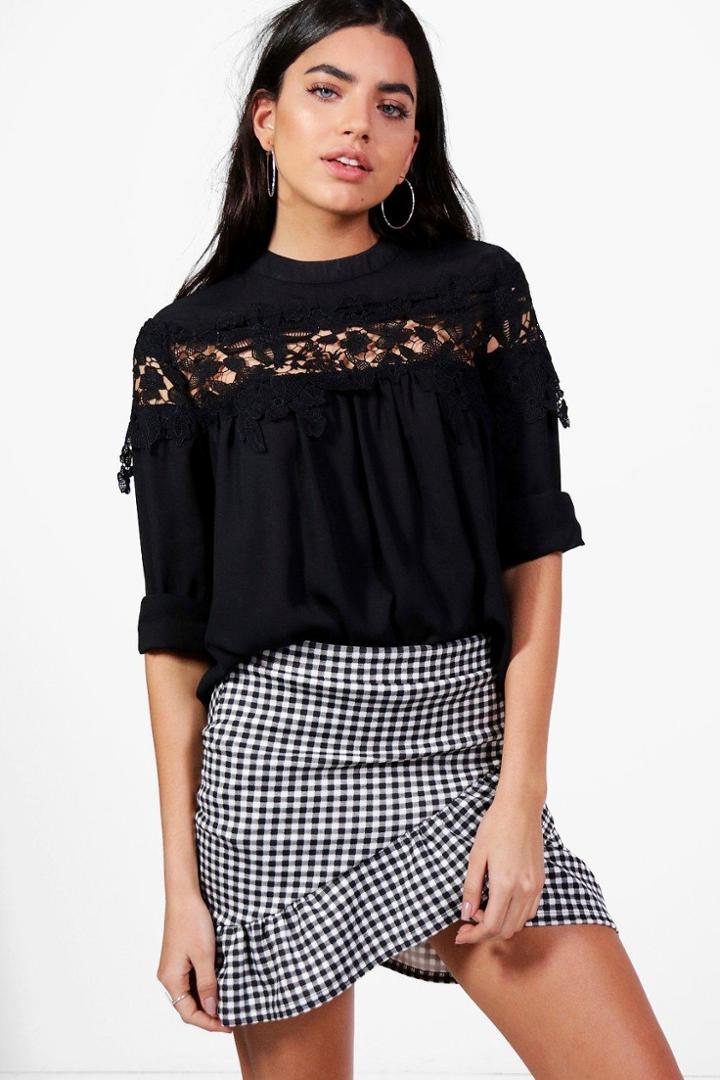 Boohoo Aria Crochet Panel Blouse Black