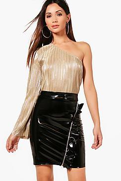 Boohoo Petite Abbie Metallic Pleated Asymmetric Top
