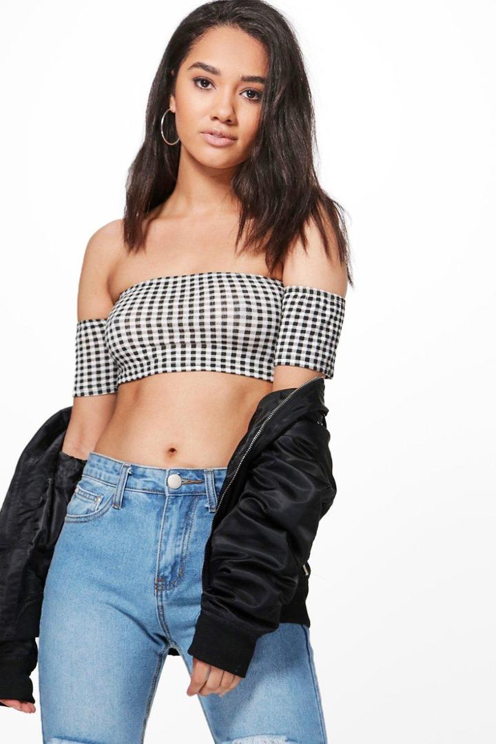 Boohoo Petite Melissa Off The Shoulder Gingham Crop Top Black