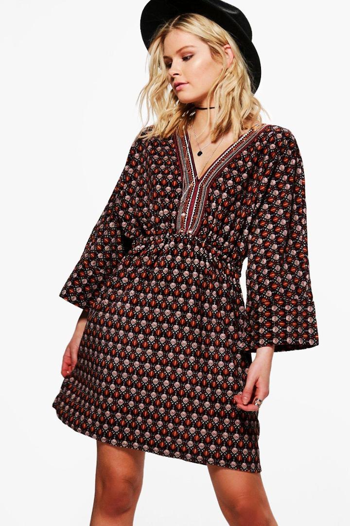Boohoo Becca Embroidered Trim Printed Shift Dress Yellow