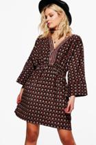 Boohoo Becca Embroidered Trim Printed Shift Dress Yellow