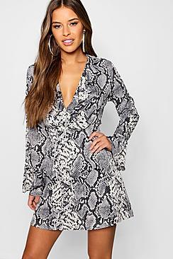 Boohoo Petite Ruffle Flare Sleeve Wrap Dress