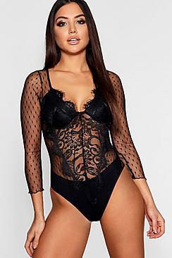 Boohoo Spot Mesh & Eyelash Lace Long Sleeved Body