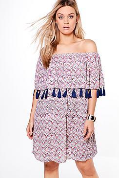 Boohoo Plus Amy Bright Sequin Tassle Off The Shoulder Dress