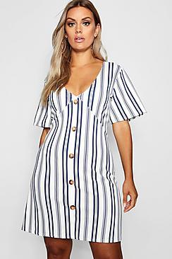 Boohoo Plus Stripe Horn Button Detail Shift Dress