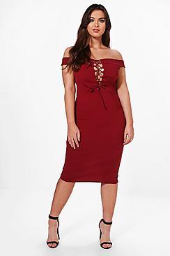 Boohoo Plus Anna Off The Shoulder Lace Up Midi Dress