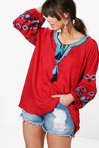 Boohoo Plus Yasmine Embroidered Fringe Top Red