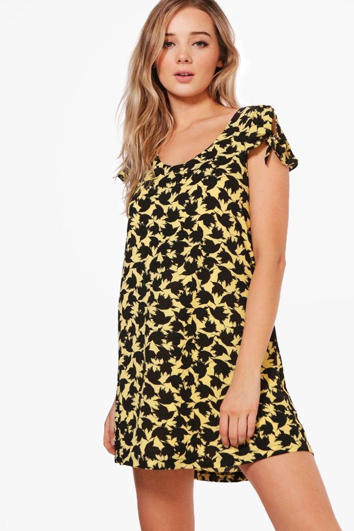 Boohoo Izzy Bird Print Shift Dress Yellow