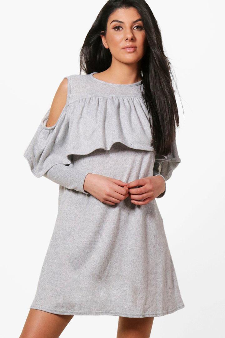 Boohoo Amelia Cold Shoulder Ruffle Swing Dress Charcoal