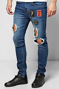 Boohoo Skinny Badged Washed Ripped Jeans