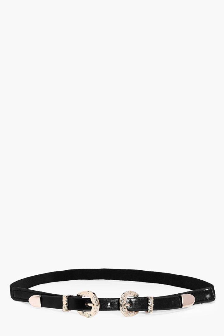 Boohoo Keira Western Double Buckle Skinny Belt Black
