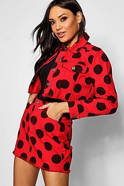 Boohoo Red Polka Dot Denim Skirt
