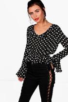 Boohoo Petite Demi Spot Print Tie Font Blouse