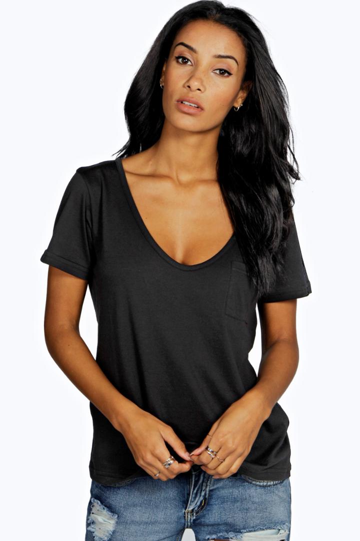 Boohoo Clara Boyfriend V Neck Pocket Tee Black