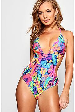 Boohoo Petite Demi Tropical Print Cut Out Swimsuit