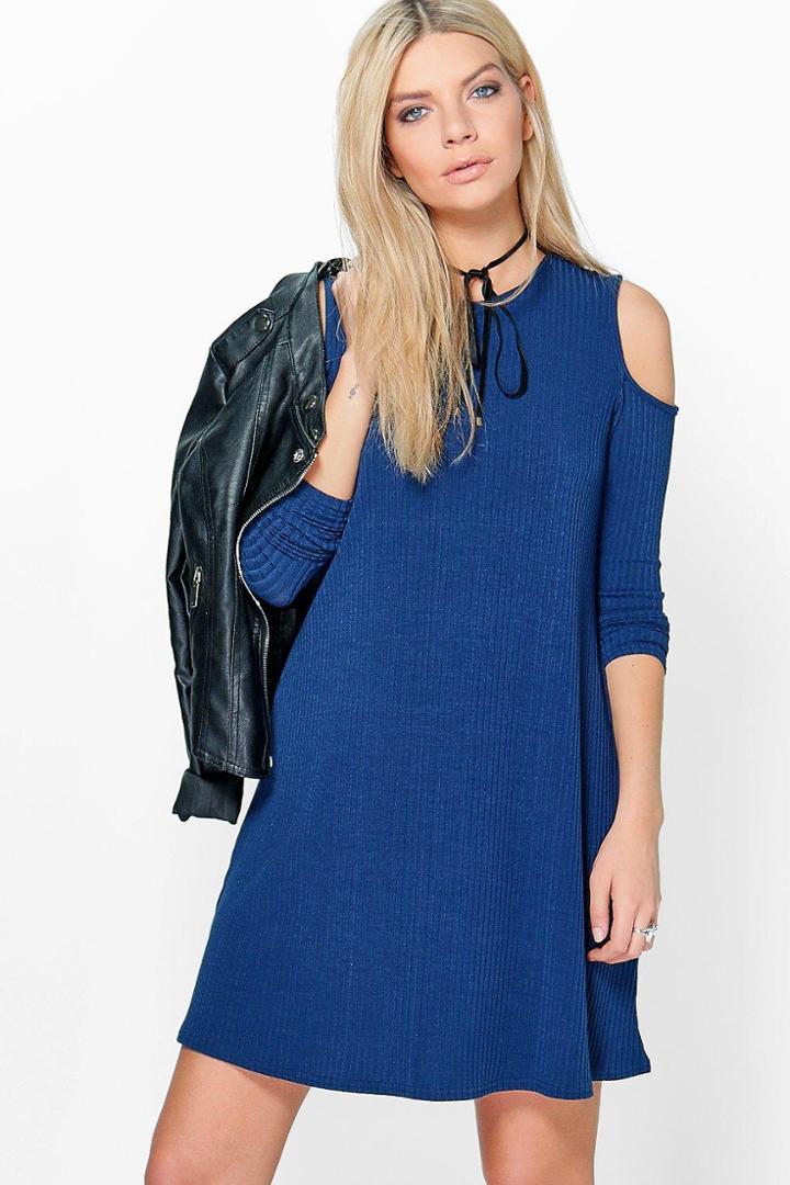 Boohoo Lily Cold Shoulder Soft Rib Knit Swing Dress Navy