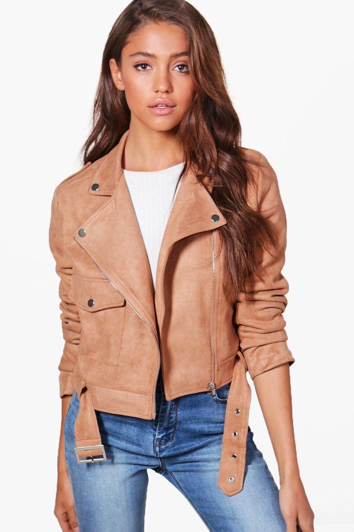 Boohoo Jessica Suedette Biker Jacket Camel