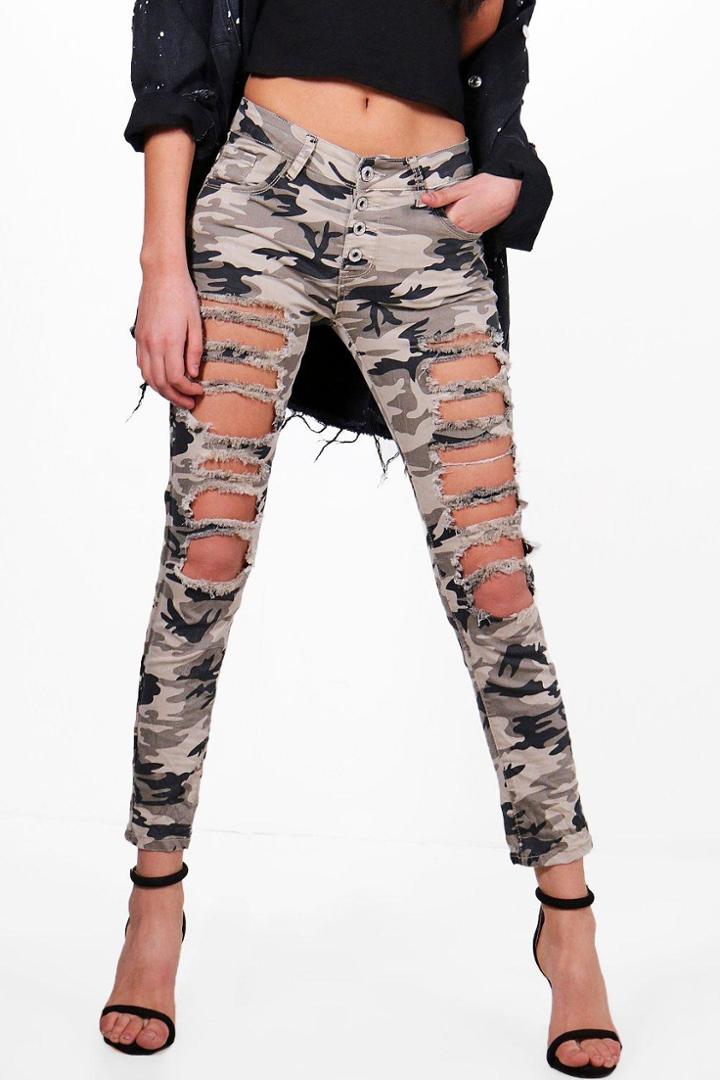 Boohoo Amelia All Over Distress Camo Skinny Jeans Camo