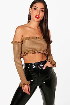 Boohoo Lexi Knitted Rib Ruffle Detail Crop