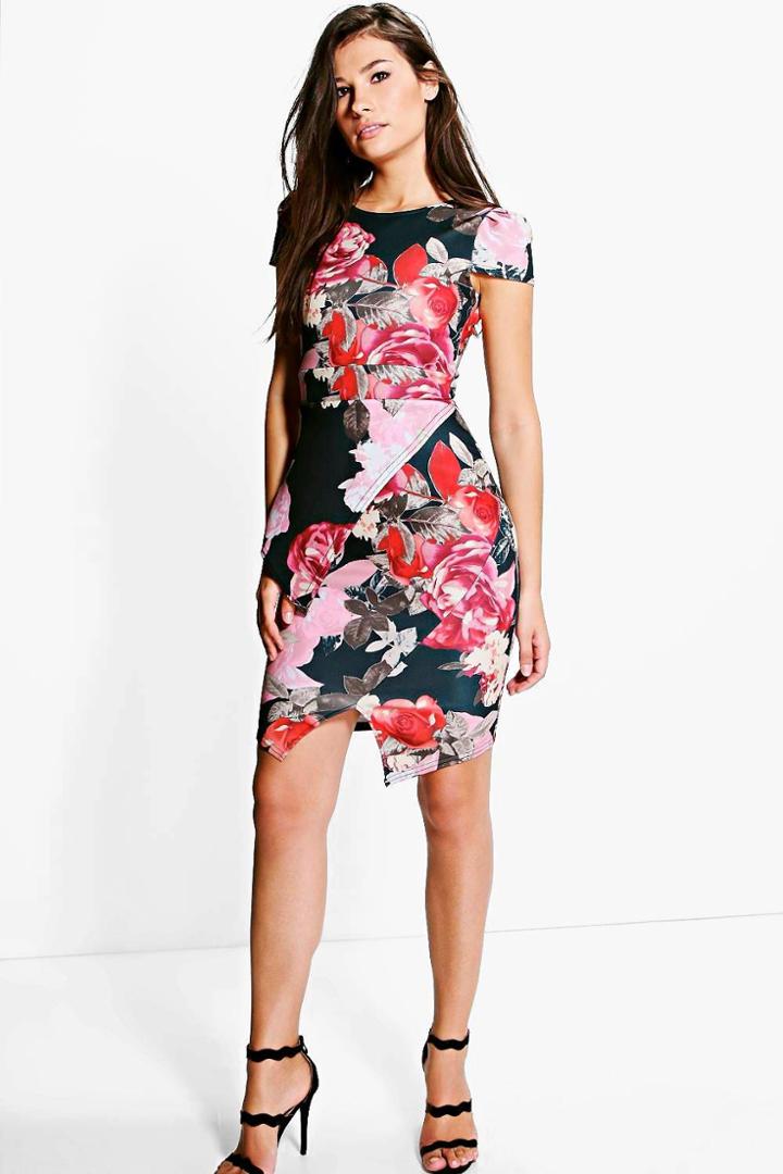 Boohoo Jess Floral Print Cap Sleeve Peplum Midi Dress Multi