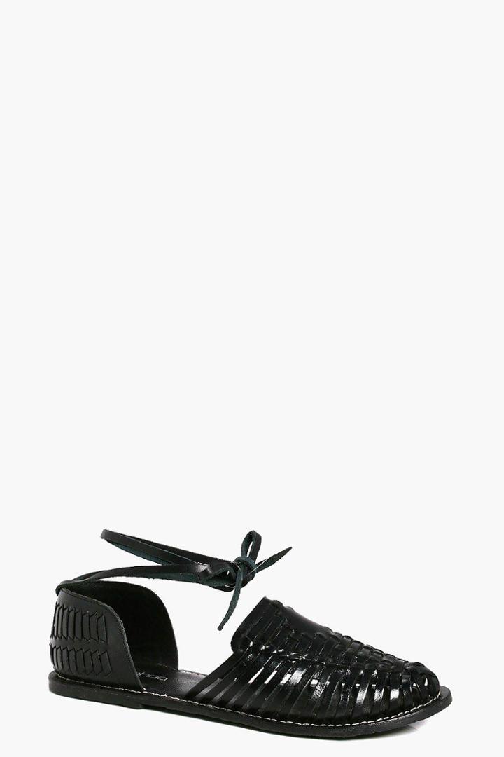 Boohoo Violet Leather Woven Flat With Ankle Tie Black