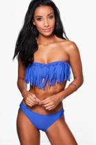 Boohoo Olivia Fringed Bandeau Bikini Cobalt