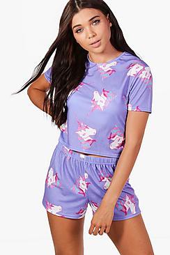 Boohoo Petite Aimee Unicorn Print Pyjama Short Set